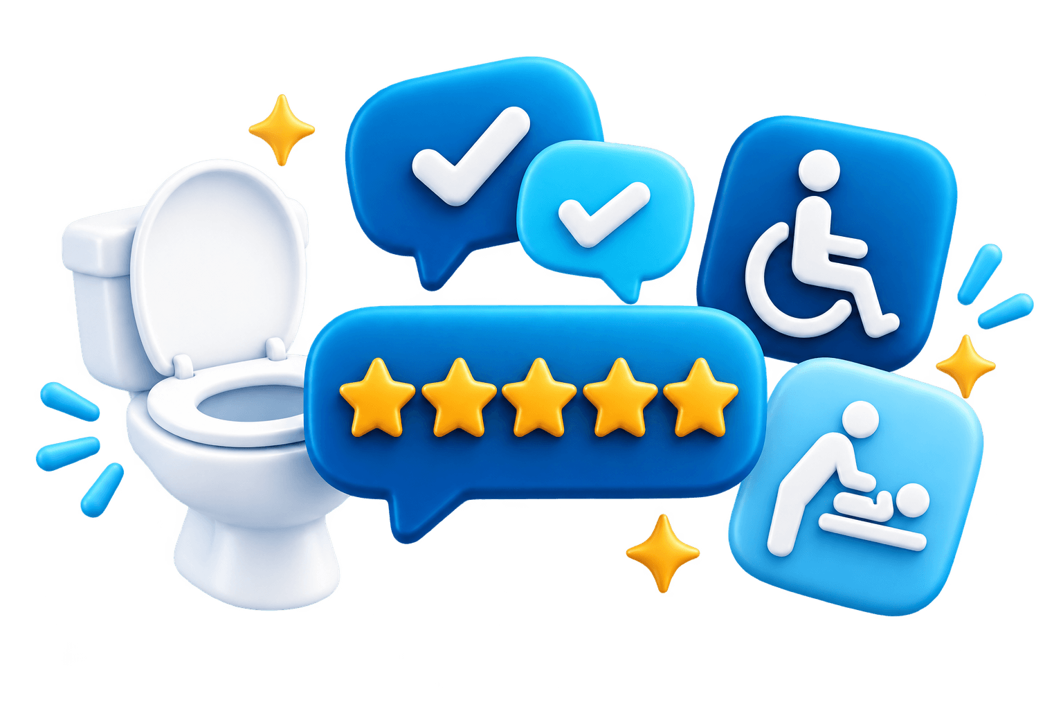 Toilet, accessibility, baby changing, review, and rating symbols