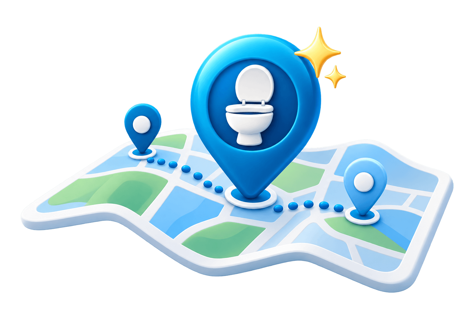 A blue map pin with a toilet symbol on a folded city map